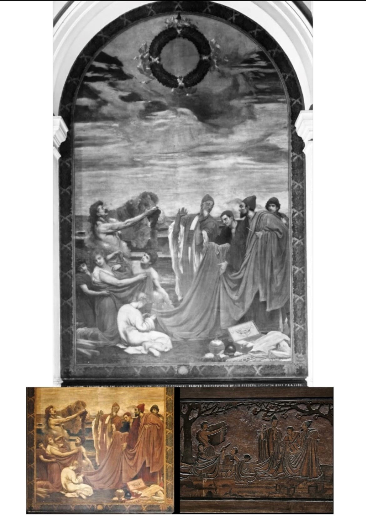 A large carved mahogany panel depicting Sir Frederic Leighton’s (1820-1896) painting which resides in The Royal Exchange London, ‘Phoenicians trading with the early Britons, on the coast of Cornwall’ 128cm x 58cm. *This
